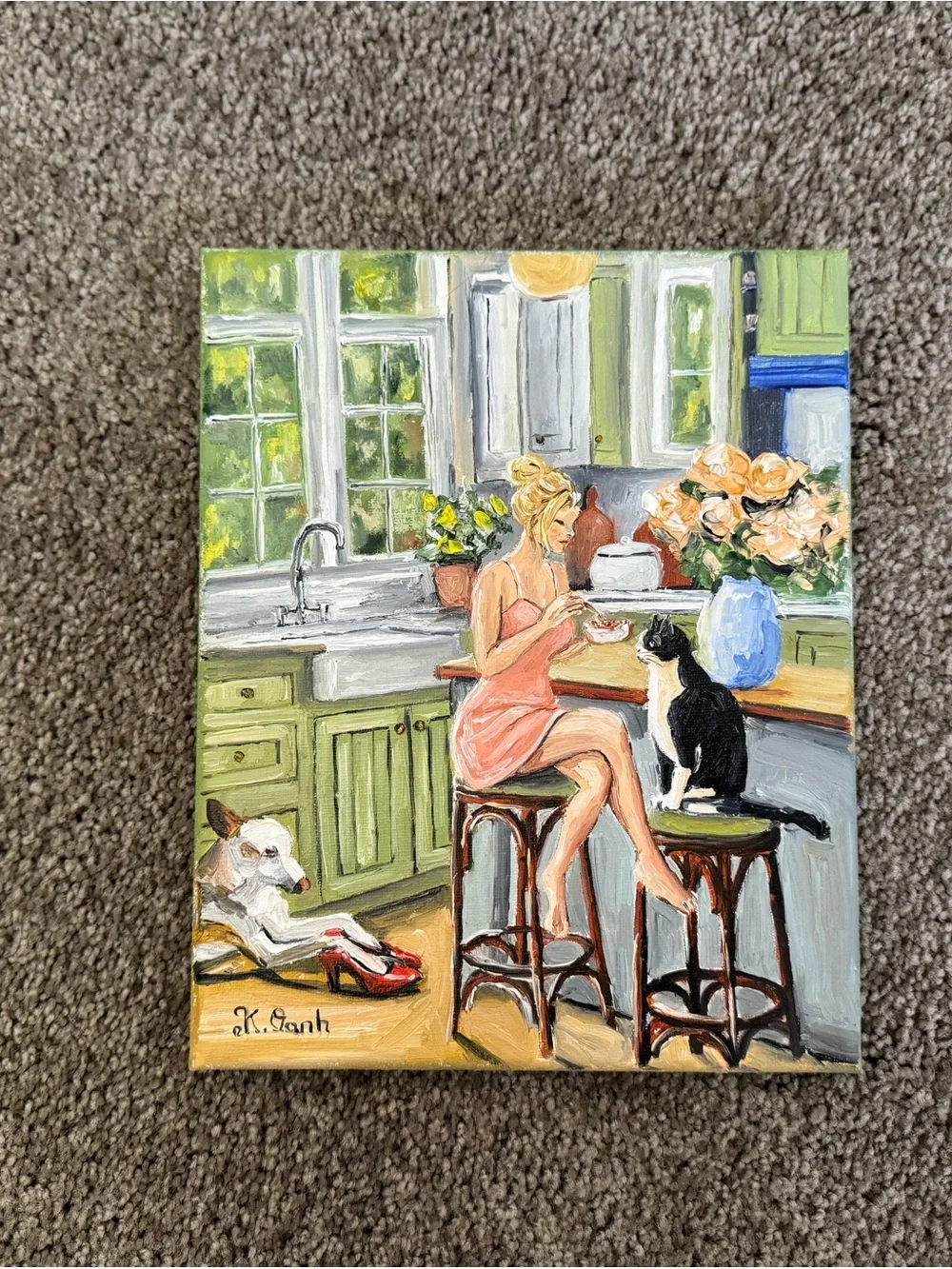 Original oil painting woman & her pet dog tuxedo cat indoor scene signed 8x10 in